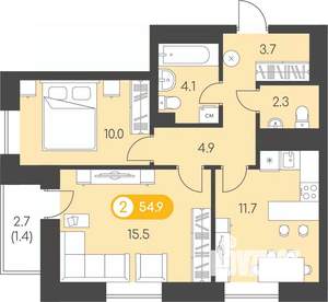 2-к квартира, строящийся дом, 55м2, 5/24 этаж