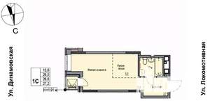 1-к квартира, строящийся дом, 27м2, 3/17 этаж