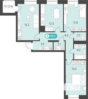3-к квартира, строящийся дом, 80м2, 6/10 этаж
