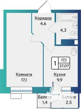 1-к квартира, строящийся дом, 37м2, 12/17 этаж