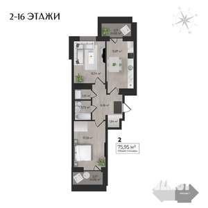 2-к квартира, строящийся дом, 76м2, 2/17 этаж