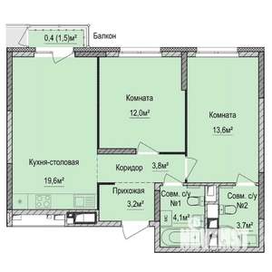 2-к квартира, вторичка, 60м2, 13/17 этаж
