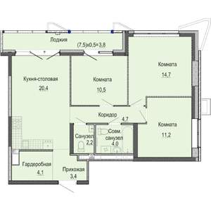 3-к квартира, строящийся дом, 79м2, 15/25 этаж