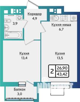 2-к квартира, строящийся дом, 44м2, 7/10 этаж