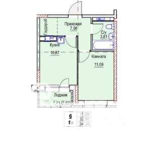 1-к квартира, строящийся дом, 34м2, 7/17 этаж