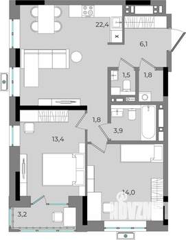 2-к квартира, вторичка, 68м2, 6/16 этаж