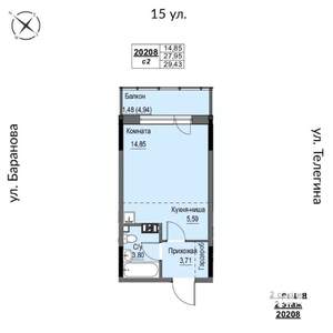 1-к квартира, строящийся дом, 29м2, 2/17 этаж