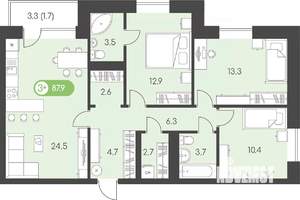 3-к квартира, строящийся дом, 88м2, 6/9 этаж