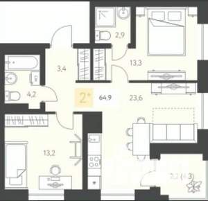 2-к квартира, вторичка, 65м2, 6/9 этаж