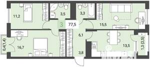 3-к квартира, строящийся дом, 78м2, 2/16 этаж