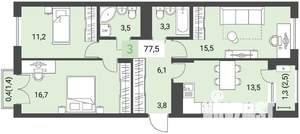3-к квартира, строящийся дом, 78м2, 4/16 этаж