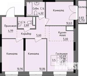 3-к квартира, строящийся дом, 69м2, 7/17 этаж