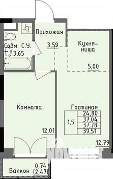 1-к квартира, строящийся дом, 38м2, 4/17 этаж
