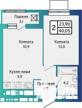 2-к квартира, строящийся дом, 40м2, 17/17 этаж