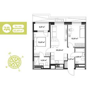 2-к квартира, строящийся дом, 63м2, 2/17 этаж