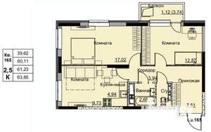 3-к квартира, строящийся дом, 61м2, 15/17 этаж