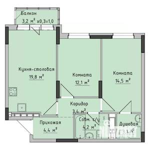 2-к квартира, строящийся дом, 62м2, 15/17 этаж
