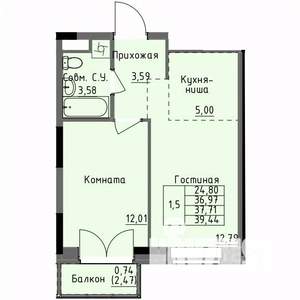 1-к квартира, строящийся дом, 38м2, 13/17 этаж