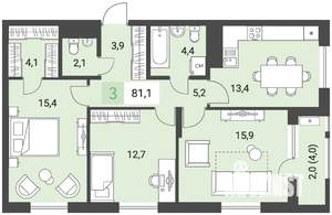 3-к квартира, строящийся дом, 81м2, 3/16 этаж