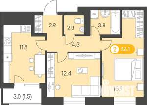 2-к квартира, строящийся дом, 56м2, 10/10 этаж