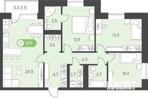 3-к квартира, строящийся дом, 88м2, 7/9 этаж