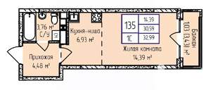 1-к квартира, строящийся дом, 33м2, 10/17 этаж