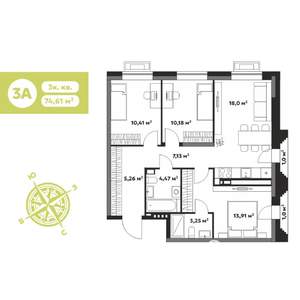 3-к квартира, строящийся дом, 75м2, 13/17 этаж