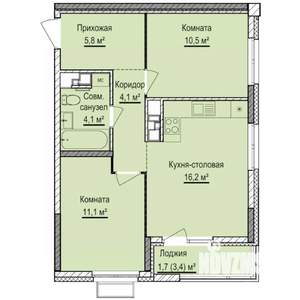 2-к квартира, строящийся дом, 54м2, 14/17 этаж