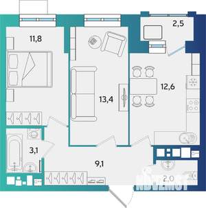 2-к квартира, строящийся дом, 54м2, 2/16 этаж
