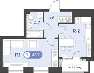 1-к квартира, строящийся дом, 44м2, 2/10 этаж