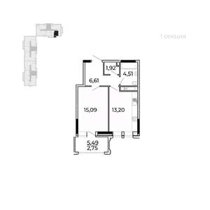 1-к квартира, строящийся дом, 47м2, 14/17 этаж