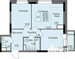 2-к квартира, строящийся дом, 52м2, 2/17 этаж