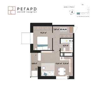 2-к квартира, строящийся дом, 46м2, 2/17 этаж