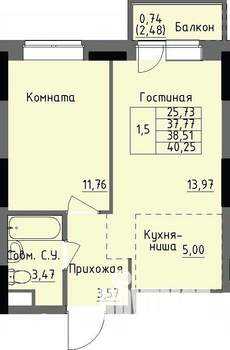 1-к квартира, строящийся дом, 39м2, 2/17 этаж