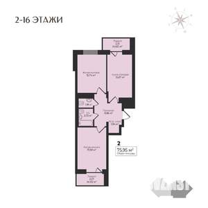 2-к квартира, строящийся дом, 76м2, 16/17 этаж