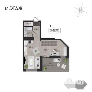 1-к квартира, строящийся дом, 76м2, 17/17 этаж