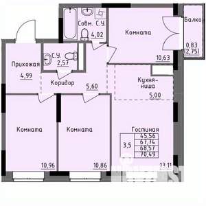 3-к квартира, строящийся дом, 69м2, 16/17 этаж