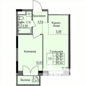 1-к квартира, строящийся дом, 38м2, 15/17 этаж