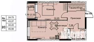 2-к квартира, строящийся дом, 44м2, 14/17 этаж