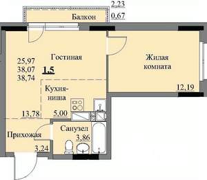 1-к квартира, строящийся дом, 39м2, 16/17 этаж