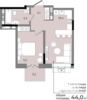 1-к квартира, строящийся дом, 44м2, 7/15 этаж