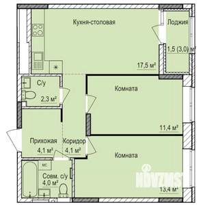 2-к квартира, строящийся дом, 58м2, 4/17 этаж
