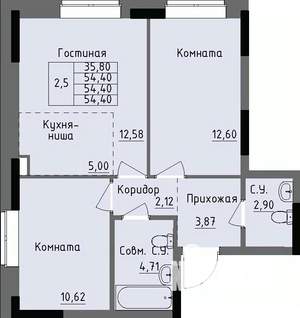 2-к квартира, строящийся дом, 54м2, 1/17 этаж