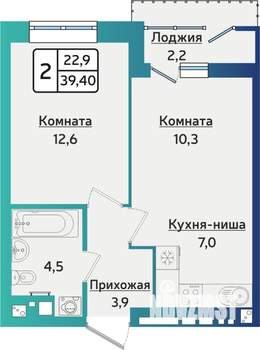 2-к квартира, строящийся дом, 39м2, 12/16 этаж