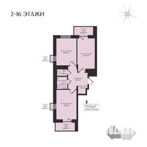 2-к квартира, строящийся дом, 77м2, 4/17 этаж