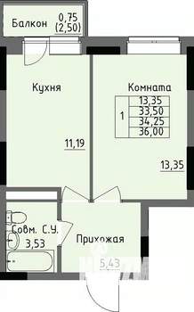 1-к квартира, строящийся дом, 34м2, 2/17 этаж