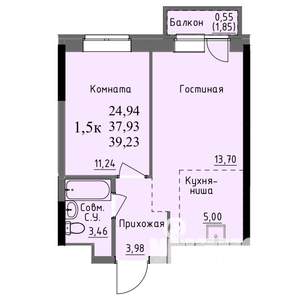 1-к квартира, строящийся дом, 38м2, 9/17 этаж