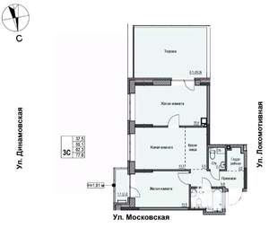 3-к квартира, строящийся дом, 62м2, 1/17 этаж