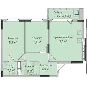 2-к квартира, строящийся дом, 64м2, 11/17 этаж