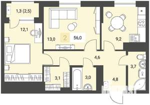 2-к квартира, строящийся дом, 56м2, 3/16 этаж